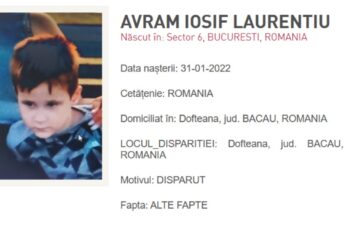 Avram Iosif Laurențiu, un băiețel de 4 ani din Dofteana, Bacău, dat dispărut. Peste 250 de oameni mobilizați în operațiunile de căutare