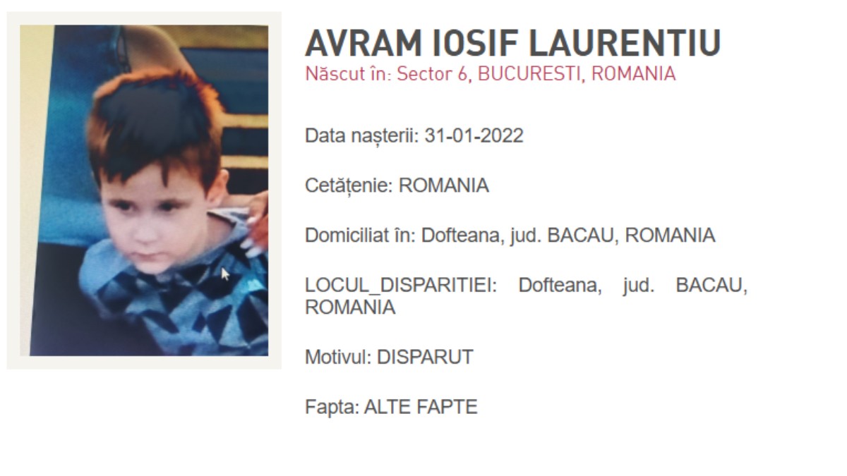 Avram Iosif Laurențiu, un băiețel de 4 ani din Dofteana, Bacău, dat dispărut. Peste 250 de oameni mobilizați în operațiunile de căutare